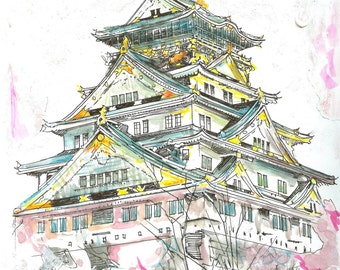Osaka Castle and Museum of History Art Print | Japan Sketch | Osaka Art | Japan Painting | Modern Art | Contemporary Art | Travel Sketch