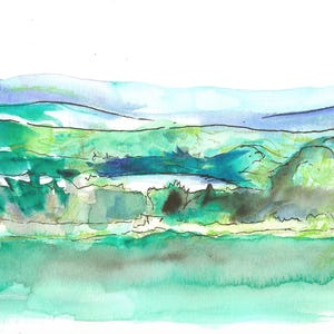 May include: Watercolor landscape painting featuring rolling green hills and a body of water in shades of teal and turquoise. The sky is a gradient of light blue and purple. Black outlines define the forms.