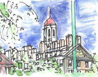 Kunstdruck eines Aquarellgemäldes der Harvard University | Wandbild für den Harvard Yard | Kunstwerk aus Cambridge, Massachusetts | Dekoration eines Ivy-League-Colleges