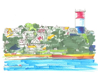 ART PRINT of Original sketch of Boston's Winthrop by the Sea Print | Winthrop, Massachusetts | Oceanside Drawing | New England Wall Art