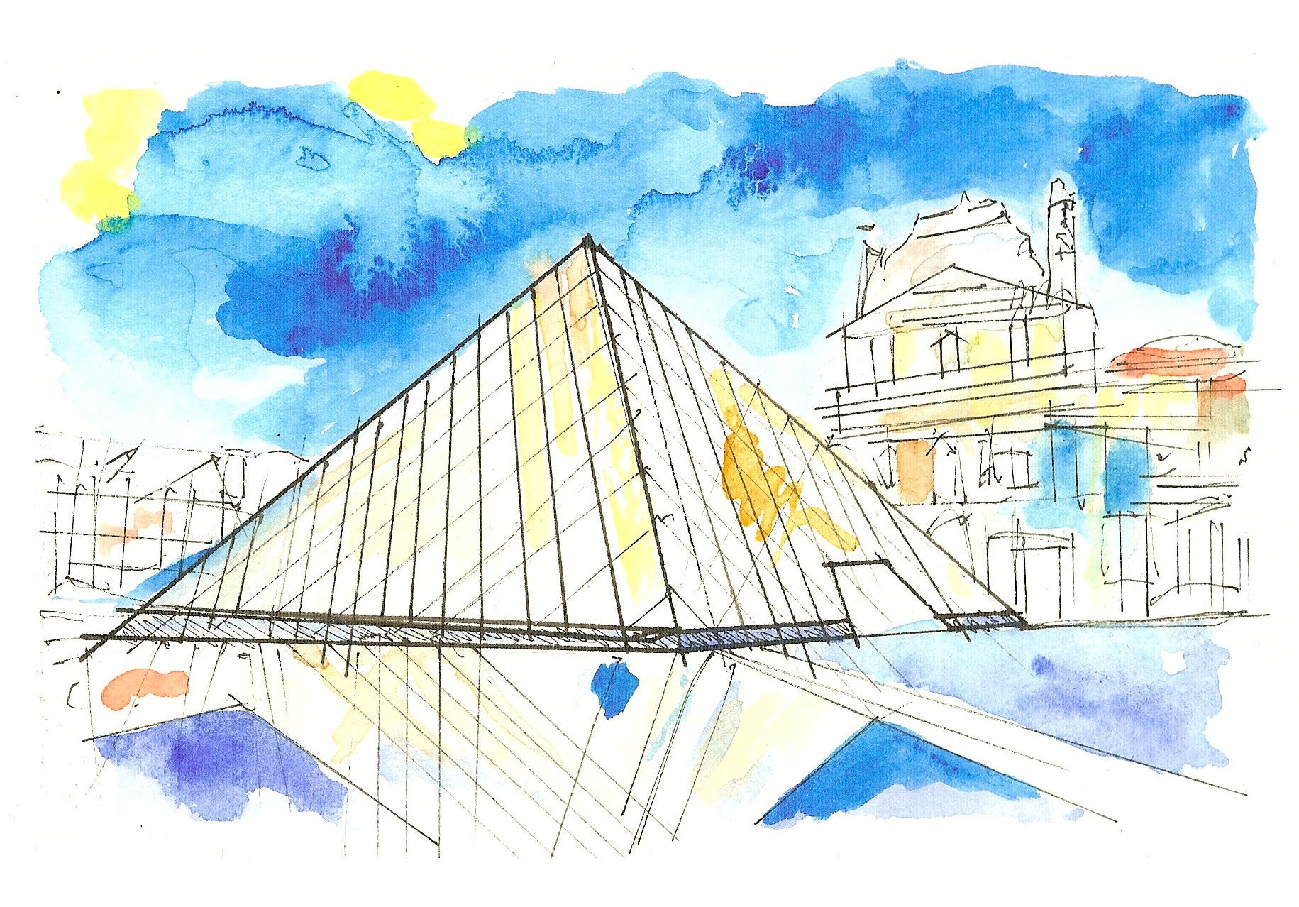 Original Watercolor Painting Louvre Museum Drawing Paris | Etsy Hong Kong