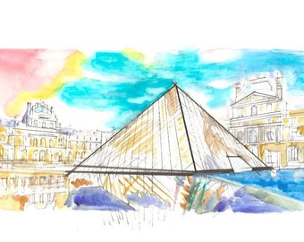 Original Watercolor Painting Art PRINT | Louvre Museum Drawing Print | Paris Sketch | France | Modern Sketch | Artist Gift | Wall Art