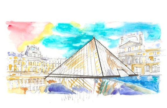 Original Watercolor Painting Art Print Louvre Museum Drawing | Etsy
