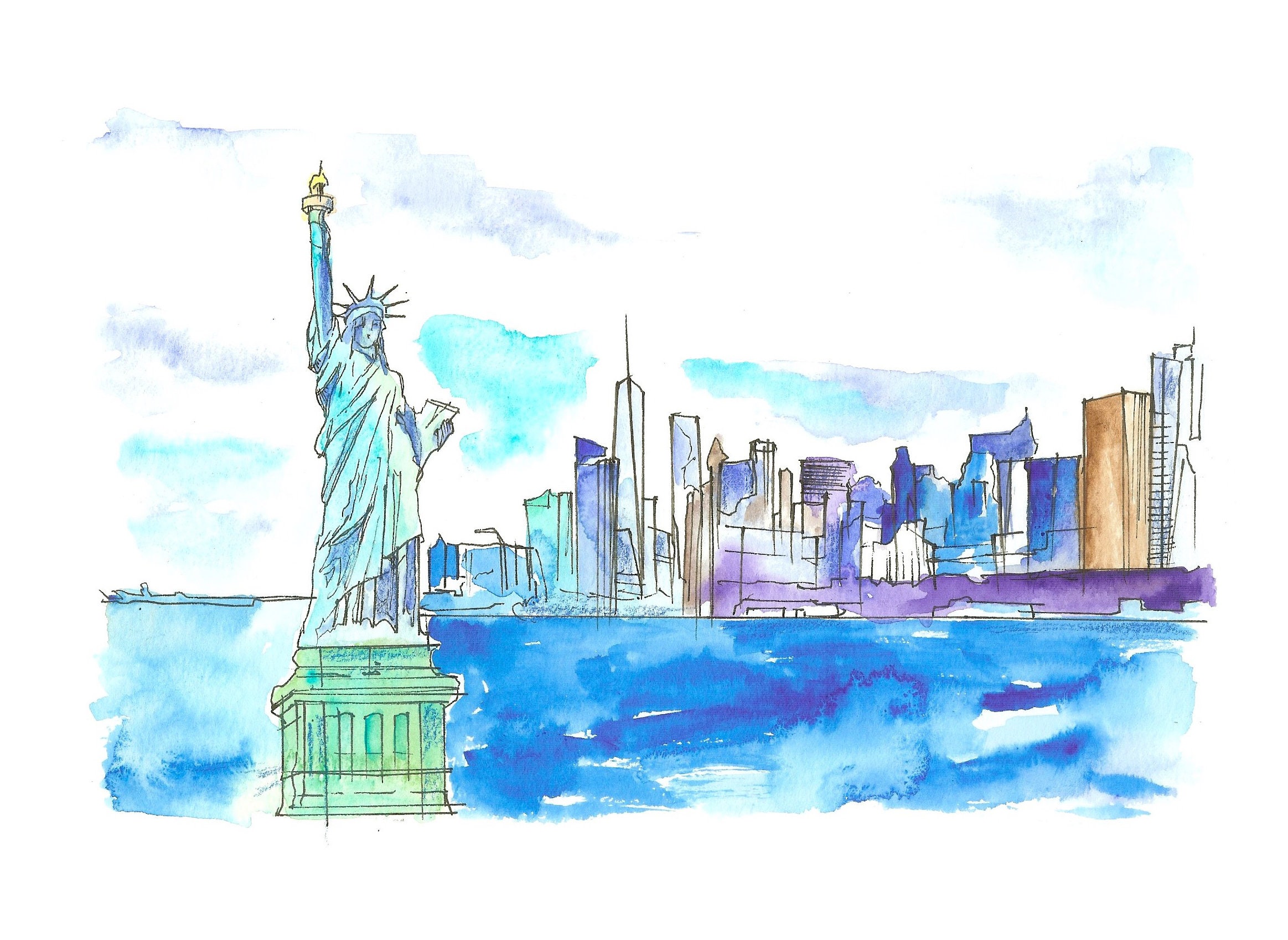 Dessin De New York Facile A Faire Aquarelle originale ART PRINT de New York Dessin Statue - Etsy France