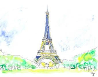 Kunstdruck eines Aquarellgemäldes des Eiffelturms, Pariser Kunst, Stadtansicht aus Frankreich, Kunstgeschenk