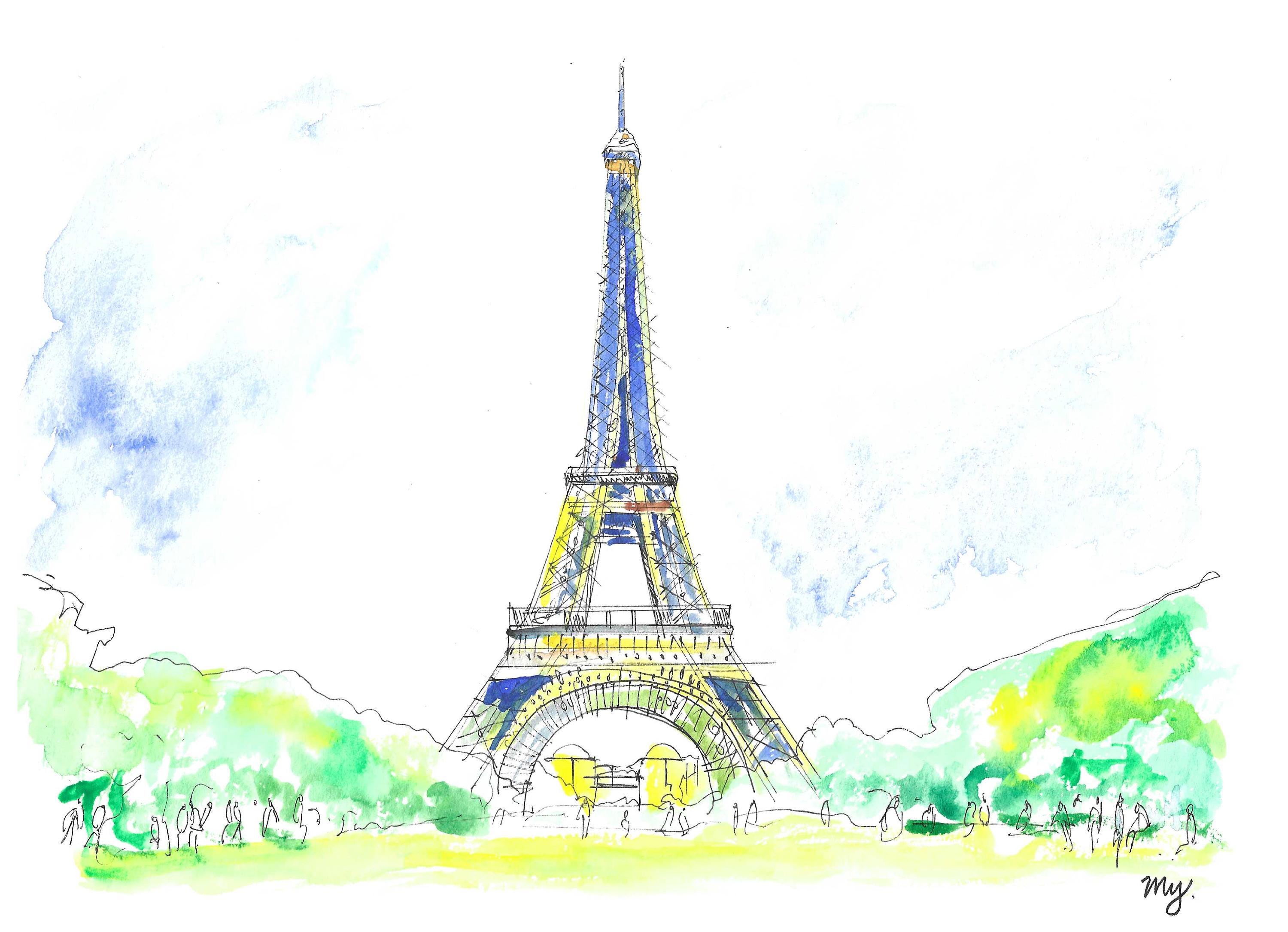 オリジナルのエッフェル塔の水彩画、パリのアート、フランスの都市景観 