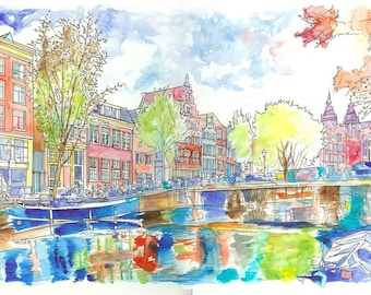 Original Watercolor Painting Print | Amsterdam, Netherlands | Original Drawing | Canal Houses | Amsterdam Wall Art | Amsterdam Art Gift
