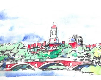 Kunstdruck eines Original-Aquarells | Boston-Skizze | Cambridge-Zeichnung | Harvard-Universität | Charles River | Cambridge, Massachusetts