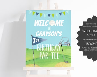Editable Golf Birthday Welcome Sign, 1st Birthday Boy Hole in One Party, First Birthday Par-Tee Golfing, Printable Template - GBPI