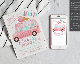 May include: Pink and blue ice cream truck invitation with the text "Here's the Scoop!" and "Olivia's 3rd Birthday". The invitation includes details for the party, including the date, time, address, and RSVP information.