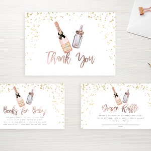 Puede incluir: Juego de papeler&iacute;a para baby shower con dise&ntilde;o de acuarela. El juego incluye una tarjeta de "Gracias", una tarjeta de "Libros para beb&eacute;" y una tarjeta de "Rifa de pa&ntilde;ales". Cada tarjeta presenta una botella de champ&aacute;n, un biber&oacute;n y confeti dorado.