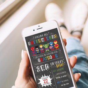 May include: A superhero-themed birthday party invitation with a chalkboard background. The invitation features a group of cartoon superheroes, the text "Calling all Superheroes", and the details of the party, including the date, time, and location. The invitation is displayed on a smartphone.
