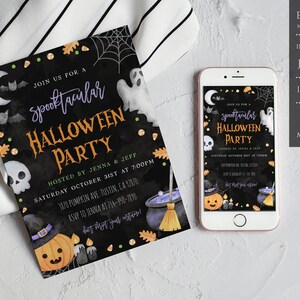 May include: A black and white Halloween party invitation with a spooky theme. The invitation features a ghost, a cauldron, a pumpkin, and bats. The text on the invitation reads "Join us for a Spooktacular Halloween Party".