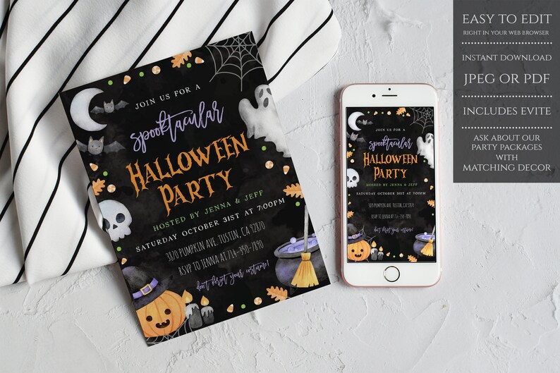 May include: A black and white Halloween party invitation with a spooky theme. The invitation features a ghost, a cauldron, a pumpkin, and bats. The text on the invitation reads "Join us for a Spooktacular Halloween Party".