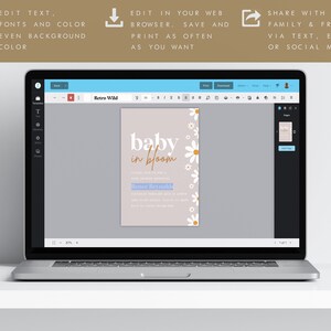 May include: A digital mockup of a baby shower invitation with a light pink background and white daisies. The text reads "baby in bloom" in a gold script font. The invitation is displayed on a laptop screen.