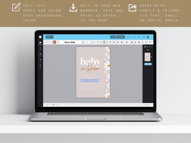 May include: A digital mockup of a baby shower invitation with a light pink background and white daisies. The text reads "baby in bloom" in a gold script font. The invitation is displayed on a laptop screen.