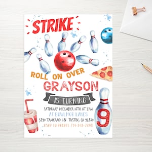 May include: A bowling-themed birthday party invitation with watercolor illustrations. The design includes bowling pins, a red bowling ball, a slice of pizza, and a drink. The invitation reads "Strike" and "Roll on over Grayson is turning".