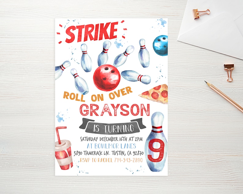 May include: A bowling-themed birthday party invitation with watercolor illustrations. The design includes bowling pins, a red bowling ball, a slice of pizza, and a drink. The invitation reads "Strike" and "Roll on over Grayson is turning".