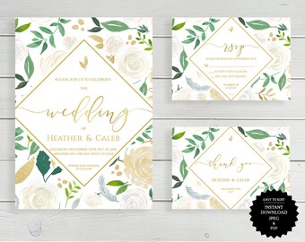Invito a nozze floreale bianco, invito a nozze floreale verde oro bianco, matrimonio Boho, invito a nozze nel verde, invito a nozze floreale