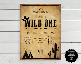 Wild One Birthday Invitation, Western First Birthday Party (Digital Download)