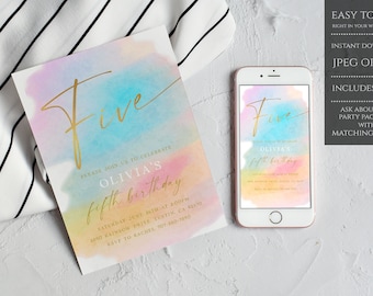 5th Birthday Invitation Girl, Fifth Tea Party Invite, Editable Pastel Rainbow Fifth Birthday Invite, Ombre Pink Gold Peach Blue