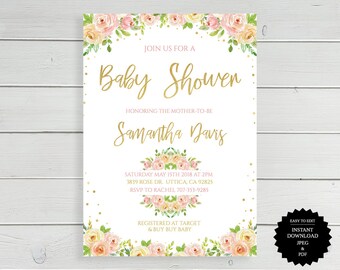Babyparty, Babyparty einladen, Einladung, Einladung zur Dusche, druckbare, druckbare Einladung, rustikale Babyparty, florale Babyparty