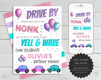 May include: Drive-by birthday party invitation with a pink, blue, and purple color scheme. The invitation features a cartoon car, balloons, and the text "Drive By", "Honk", "Yell & Wave", and "Come Celebrate Olivia's Birthday Parade!"