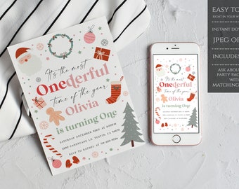 It's The Most Onederful Time Of The Year Christmas Birthday Invitation, Red And Pink Christmas Invite, Girl Christmas First Birthday Invite