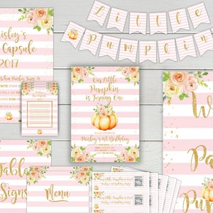Our Little Pumpkin is Turning One, Pink Pumpkin First Birthday Invitation, Fall First Birthday Invite, Fall Watercolor Birthday Invitation