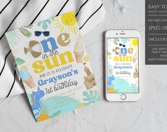 Editable One In The Sun 1st Birthday Party Invitation, Boy Pool Party Birthday, Boy 1st Birthday Party Pool Party, Pool Party