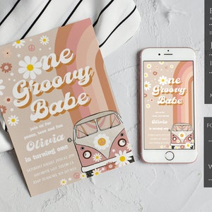 One Groovy Babe 1st Birthday Invite, One Groovy Babe First Birthday Invitation, Retro Groovy Hippie 70&#39;s Rainbow, Instant Download, Editable