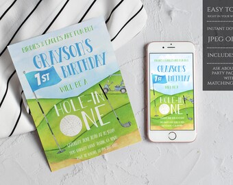 Editable Hole in One Birthday Invitation, Golf First Birthday Par-tee, Golf Invite, Boy Golfing Download Printable Template Digital