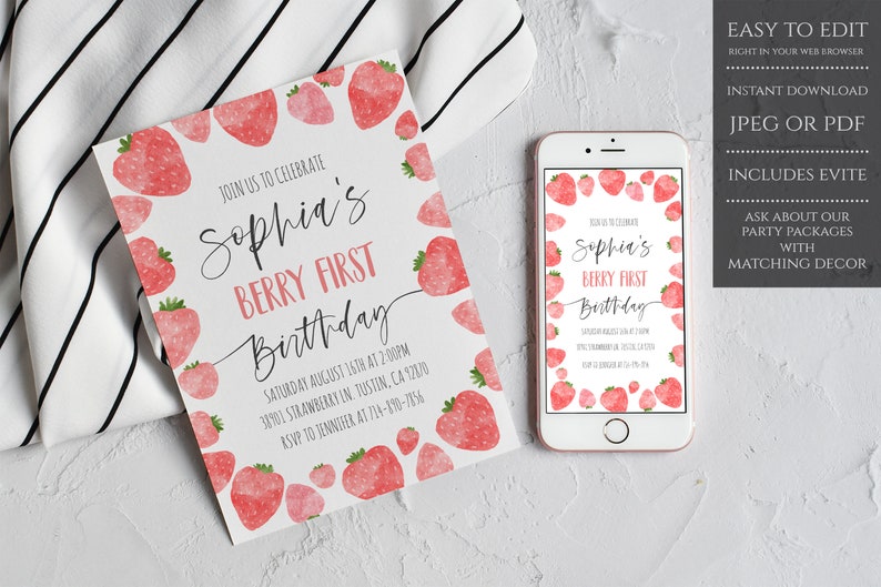 Strawberry Birthday Invitation Strawberry First Birthday Invitation Berry First Birthday Instant Download Printable