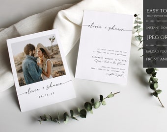 Pode incluir: Um convite de casamento com uma foto de um casal em uma paisagem desértica. O convite é para Olivia e Shawn, e a data é 06.16.22. O texto no convite diz: "Joyfully invite you to the celebration of their marriage Saturday August 18th 2023 Four o'clock in the afternoon Lakeside Country Club 5800 Lakeside Dr. Ventura, CA Reception to follow"