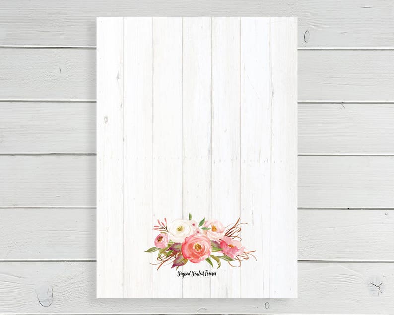 May include: A white wood background with a floral design in shades of pink and white. The flowers are arranged in a cluster and have a watercolor effect. The text "Signed Sealed & Delivered" is printed below the flowers.