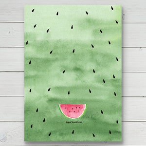 May include: A watercolor painting of a watermelon slice with black seeds on a green background. The background has a gradient of green shades.