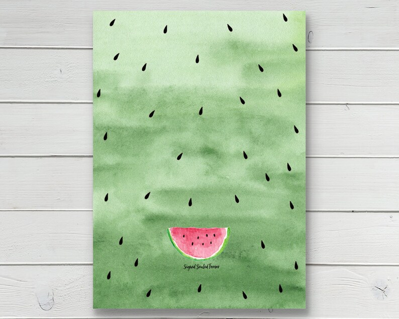 May include: A watercolor painting of a watermelon slice with black seeds on a green background. The background has a gradient of green shades.