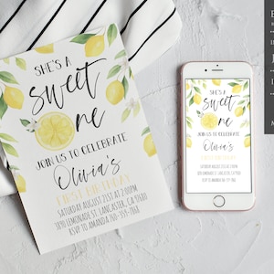 Lemon Birthday Invitation Template, She's A Sweet One Birthday Invitation, Lemon Summer Birthday Invitation, Instant Download, Printable image 1