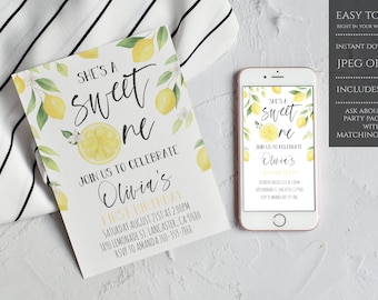 Modèle d'invitation d'anniversaire de citron, elle est une invitation d'anniversaire douce, invitation d'anniversaire d'été de citron, téléchargement immédiat, imprimable