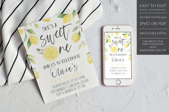 Lemon Birthday Invitation Template, She's A Sweet One Birthday Invitation, Lemon Summer Birthday Invitation, Instant Download, Printable