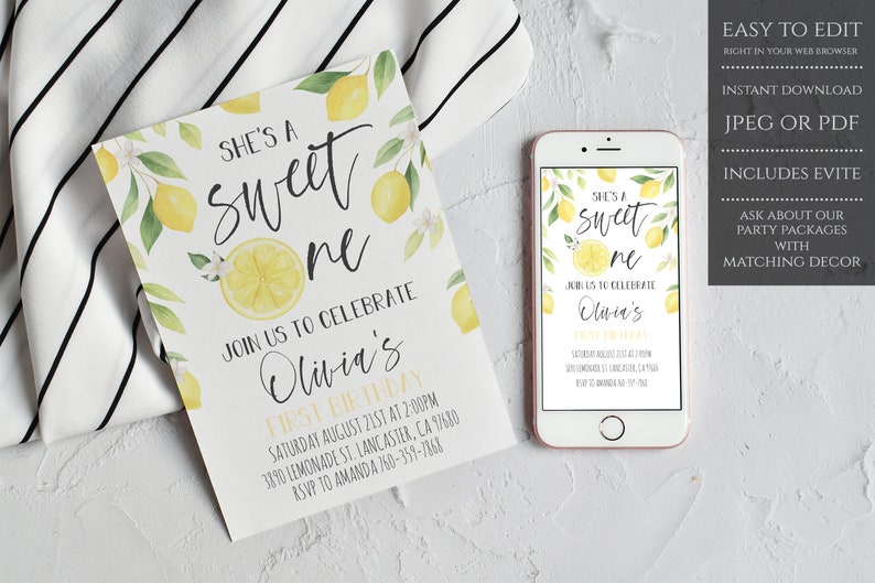 Lemon Birthday Invitation Template, She's A Sweet One Birthday Invitation, Lemon Summer Birthday Invitation, Instant Download, Printable image 1