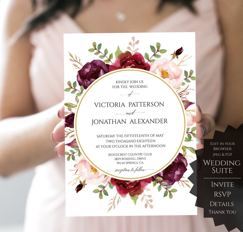 Wedding Invitation Marsala Wedding Invitation Template Marsala Invitation Printable Invitation Burgundy Wedding Invitation Suite Printable