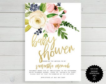 Baby Shower, invitación de baby shower, invitación de ducha, invitación, baby shower de niña, invitación imprimible, baby shower de niño imprimible, floral