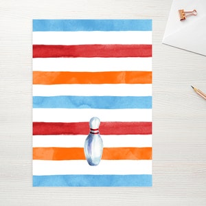 May include: Watercolor illustration of a bowling pin on a striped background. The stripes alternate between red, orange, and blue. The bowling pin is white with a red stripe around the neck.