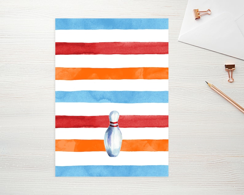 May include: Watercolor illustration of a bowling pin on a striped background. The stripes alternate between red, orange, and blue. The bowling pin is white with a red stripe around the neck.