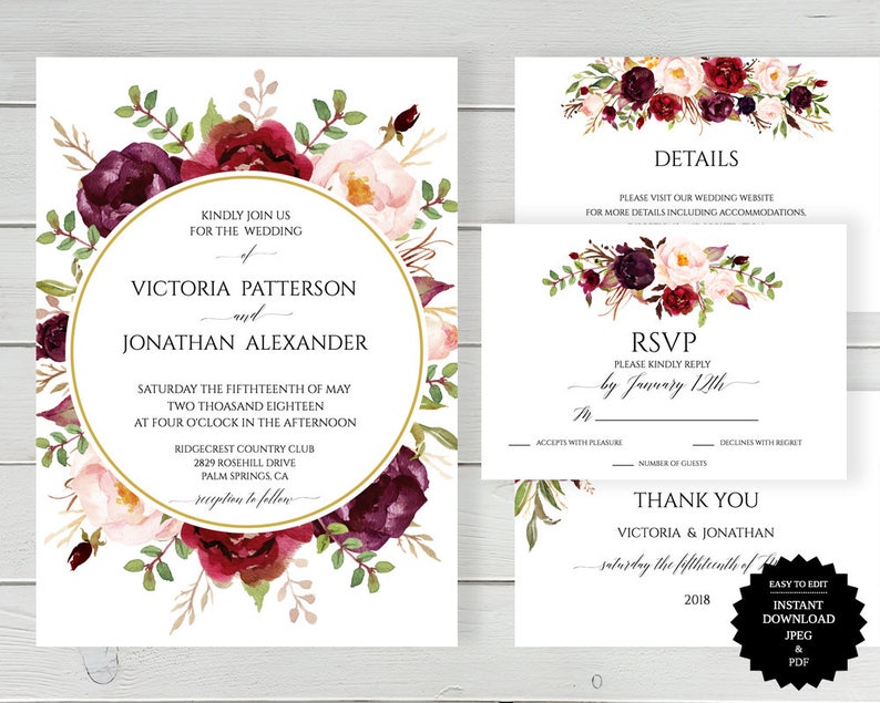 Wedding Invitation Marsala Wedding Invitation Template Marsala Invitation Printable Invitation Burgundy Wedding Invitation Suite Printable
