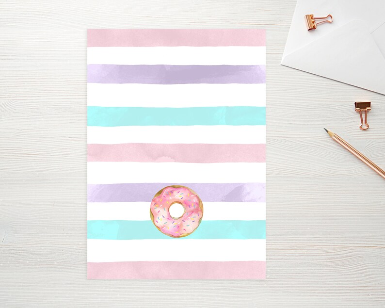 May include: A pink and white striped background with a pink frosted donut with sprinkles in the center.