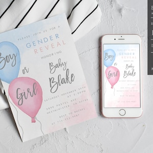 Boy or Girl Gender Reveal Invitation, He or She Pink or Blue Gender Reveal Invitation, Balloon Reveal Invitation, INSTANT DOWNLOAD