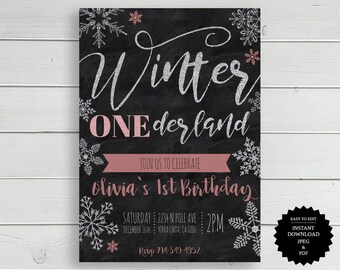 Winter Onederland, primer cumpleaños, invitación de cumpleaños, invitación del país de las maravillas de invierno, Onederland, invitación de Onederland, 1er cumpleaños, invierno