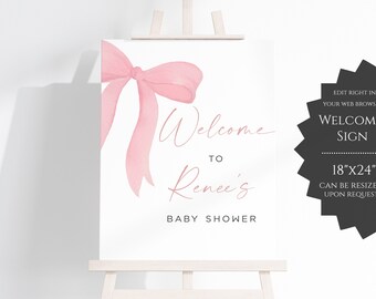 Pink Bow Baby Shower Welcome Sign, Pink Bow Baby Shower Welcome Sign, Pink Bow baby shower Welcome Sign - PBBS